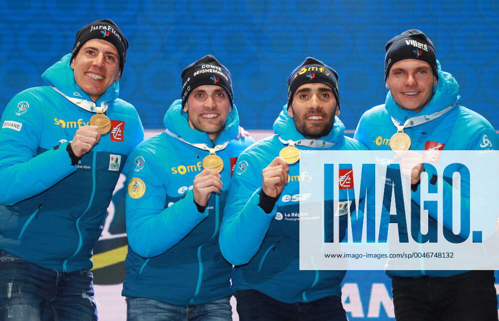 BIATHLON - IBU World Championships Antholz 2020 ANTHOLZ,ITALY,22.FEB.20 - BIATHLON - IBU World Championships 2020, 4x7.5km relay, men, award ceremony. Image shows the rejoicing of Simon Desthieux, Emilien Jacquelin, Martin Fourcade and Quentin Fillon Maillet (FRA). Keywords: medal. GEPAxpictures xAndreasxPranter