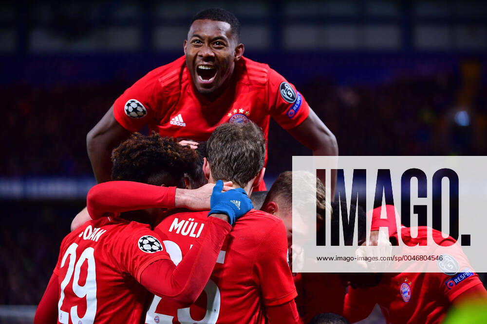 Football Champions League Round of 16 FC Chelsea FC Bayern Munich on 25 02 2020 at Stamford Bridge in London Goal celebration for the 0 2 by Serge Gnabry Munich DFL DFB regulations prohibit any use of photographs as image sequences and or quasi video