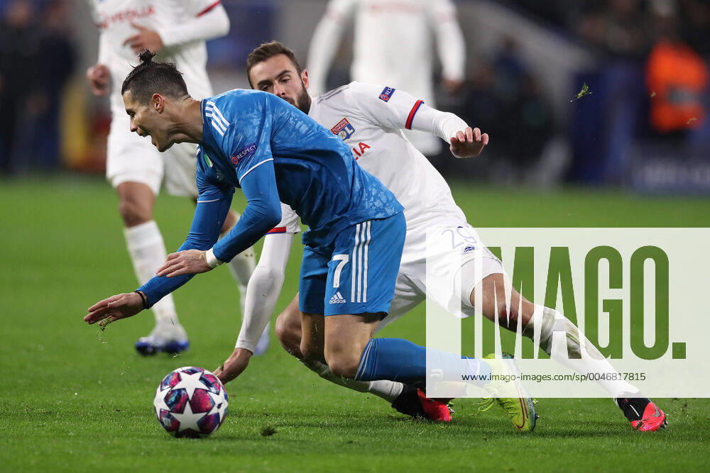 Juventus s Portuguese striker Cristiano Ronaldo is fouled by Lyon s French midfielder Lucas Tousart during the UEFA Champions League match at the Groupama Stadium, Lyon. Picture date: 26th February 2020. Picture credit should read: Jonathan Moscrop Sportimage . SPI-0491-0010