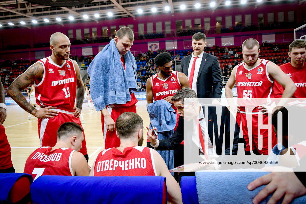 ZAPORIZHZHIA, UKRAINE - FEBRUARY 27, 2020 - Head coach of SC Prometey Karlis Muiznieks (C) speaks to his charges during the Ukrainian Basketball SuperLeague match against BC Zaporizhzhia, Zaporizhzhia, southeastern Ukraine. Zaporizhzhia loses 85-93 to Prometey in Ukrainian Basketball SuperLeague match