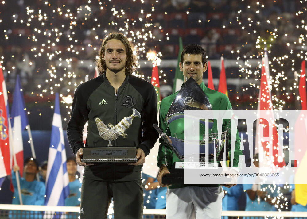 Winner Novak Djokovic SRB and finalist Stefanos Tsitsipas with the cup, trophy, award ceremony, presentation Tennis Dubai Duty Free Tennis Championships ATP Dubai Duty Free Tennis Stadium Dubai United Arab Emirates 29 February 2020 Â