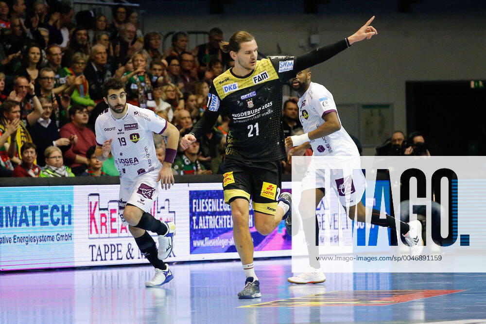 Handball EHF Cup, SC Magdeburg HBC Nantes, from l Erik Schmidt Magdeburg, 21 cheering, cheering for the goal, celebrate the goal, celebration GETEC Arena