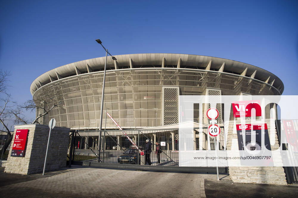 Ferenc Puskas stadium, Budapest, Hungary HUNGARY, 12 2019, Budapest XIV District The new Ferenc Puskas soccer stadium, which in the end cost 600 million euros Every night the new Ferenc Puskas soccer stadium, which in the end cost 600 million euros