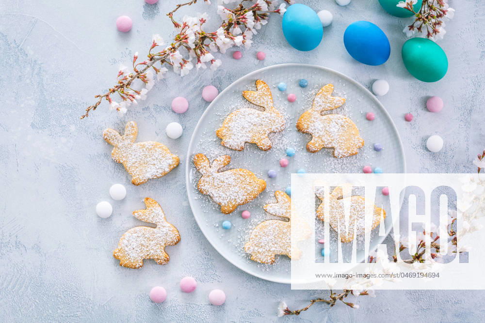 Homemade almond bunny cookies for Easter with Easter eggs Homemade almond bunny cookies for Easter with Easter eggs