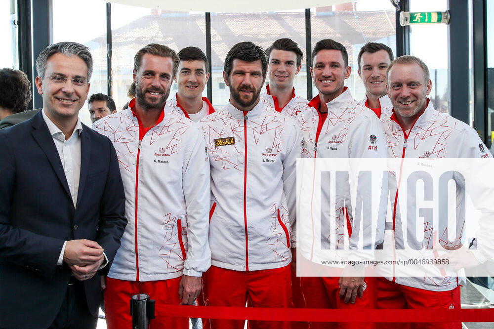 TENNIS - Davis Cup, AUT vs URU GRAZ,AUSTRIA,05.MAR.20 - TENNIS - ITF Davis Cup, Austria vs Uruguay, preview, draw. Image shows Kurt Hohensinner, Oliver Marach (AUT), Sebastian Ofner (AUT), Juergen Melzer (AUT), Jurij Rodionov (AUT), Dennis Novak (AUT), Lucas Miedler (AUT) and captain Stefan Koubek (AUT). GEPAxpictures Klansek