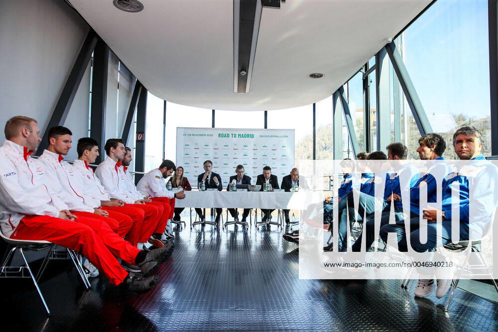 TENNIS - Davis Cup, AUT vs URU GRAZ,AUSTRIA,05.MAR.20 - TENNIS - ITF Davis Cup, Austria vs Uruguay, preview, draw. Image shows athletes of Austria, president, Christina Toth (OETV), Kurt Hohensinner (Graz), Martin Corrie, referee Andreas Egli, general secretary Rubek Orlando (URU) and the athletes of Uruguay. GEPAxpictures Klansek