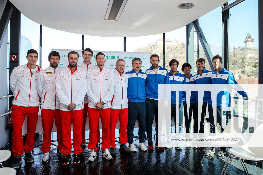 TENNIS - Davis Cup, AUT vs URU GRAZ,AUSTRIA,05.MAR.20 - TENNIS - ITF Davis Cup, Austria vs Uruguay, preview, draw. Image shows Sebastian Ofner (AUT), Juergen Melzer (AUT), Oliver Marach (AUT), Jurij Rodionov, Dennis Novak (AUT) and captain Stefan Koubek (AUT) with captain Enrique Perez Cassarino (URU), Martin Cuevas (URU), Pablo Cuevas (URU), Francisco Llanes (URU), Franco Roncadelli (URU) and Ariel Behar (URU). GEPAxpictures Klansek