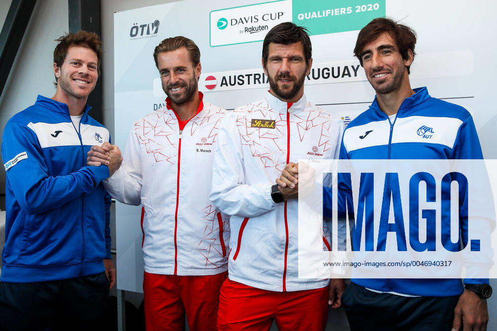 TENNIS - Davis Cup, AUT vs URU GRAZ,AUSTRIA,05.MAR.20 - TENNIS - ITF Davis Cup, Austria vs Uruguay, preview, draw. Image shows Ariel Behar (URU), Oliver Marach (AUT), Juergen Melzer (AUT) and Pablo Cuevas (URU). GEPAxpictures Klansek