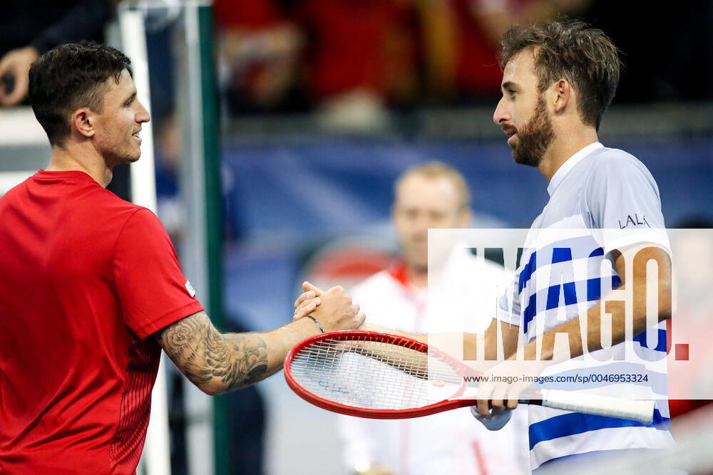 TENNIS - Davis Cup, AUT vs URU PREMSTAETTEN,AUSTRIA,06.MAR.20 - TENNIS - ITF Davis Cup, Austria vs Uruguay. Image shows Dennis Novak (AUT) and Martin Cuevas (URU). GEPAxpictures Klansek