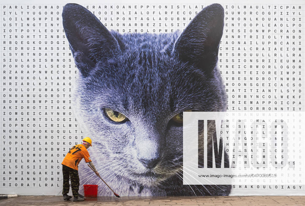 A worker cleans the pavement in front of the work of American-British artist, Sarah Morris in Tai Kwun, Hollywood Road, Central, Hong Kong..Titled TXJSQE, the work was commissioned by Tai Kwun JC Contemporary Gallery. Morris used her own pet ‘Kit catâ€⠢ as the centrepiece surrounded by 2000 capitalized letters. The artist leaves the viewer to word search the cat puzzle. - ZUMAr144 20240430_zap_r144_001