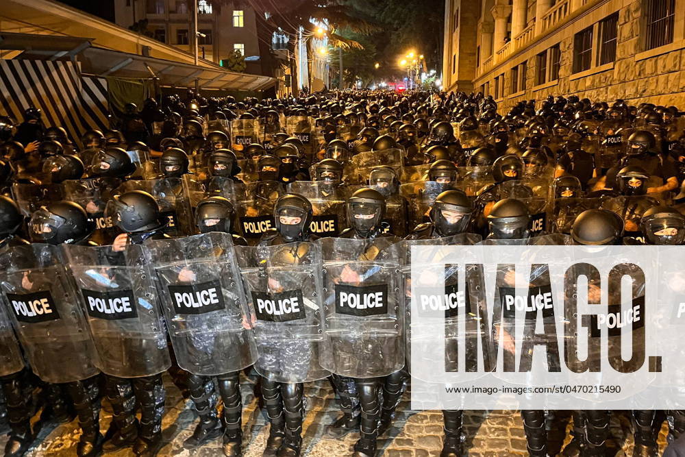 GEORGIA, TBILISI - APRIL 30, 2024: Riot police stand in formation as they guard a street during a rally against a bill on foreign agents. In early April, the ruling party Georgian Dream - Democratic Georgia decided to reintroduce the controversial bill shelved a year ago amid mass protests. Mikhail Yegikov TASS 69550165