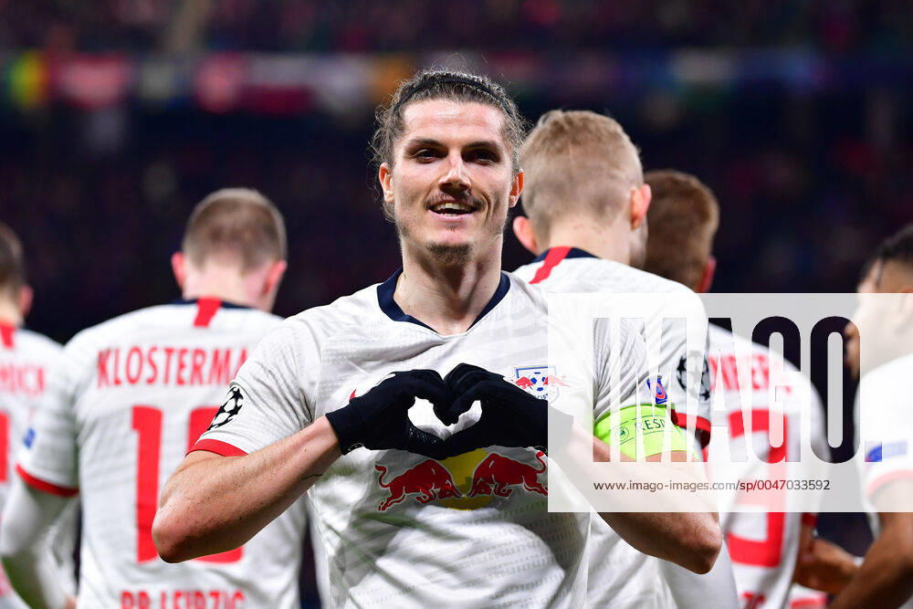 Football Champions League Round of 16 RB Leipzig Tottenham Hotspur on 10 03 2020 in the Red Bull Arena in Leipzig Goal celebration for the 1 0 by Marcel Sabitzer Leipzig DFL Regulations prohibit any use of photographs as image sequences and or quasi video