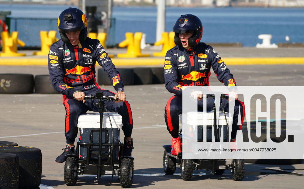 KW11 F1 GRAND PRIX MEDIA OPPS, Max Verstappen (right) of the Netherlands and Red Bull Racing rides on a motorised cooler with Alexander Albon of Thailand and Red Bull Racing during the Aston Martin Red Bull Racing Cooler Runnings event ahead of the F1 Grand Prix of Australia at Station Pier in Melbourne, Wednesday, March 11, 2020. ( NO ARCHIVING, , NO USE IN BOOKS WITHOUT CONSENT MELBOURNE VIC AUSTRALIA