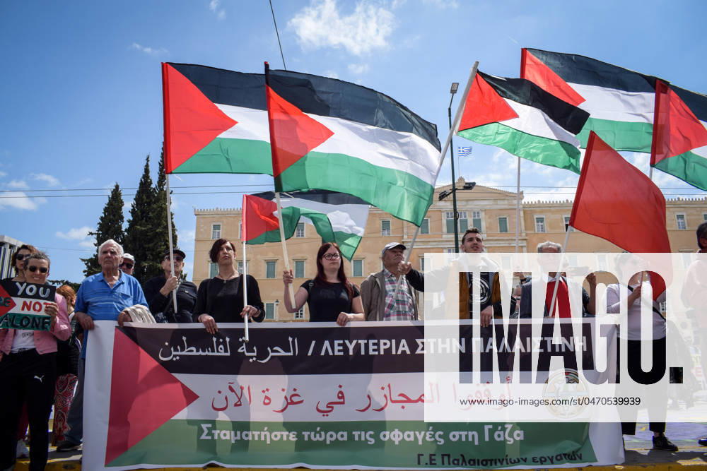 Thousands of Greek workers protest in May Day rallies Protesters hold a banner that reads ‘Freedom to Palestine and wave Palestinian flags during the International Wokers Day rally. Thousands protest at high prices and loss of wages that drive the society to a permanent impoverishment in May Day rallies. Athens Greece