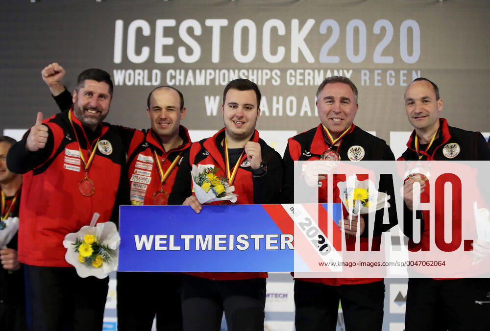 KW11 ICE STOCK - Icestocksport World Championships 2020 REGEN,GERMANY,14.MAR.20 - ICE STOCK SPORT - IFI Icestocksport World Championships 2020. Image shows Alfons Marktl (AUT), Christian Hobl (AUT), Patrick Solboeck (AUT), Heimo Ofner (AUT) and Thomas Ruebenbauer (AUT). GEPAxpictures Oberlaender