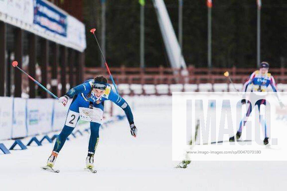 This handout from the Swedish Orienteering Association sees Swedens Magdalena Olsson take gold medal with Linda Lindkvist and Isabel SalÃn not in picture when she crosses the mall line under the baton in the ski orientation European Championship on March 15, 2020 in Chanty Mansijsk, Russia,