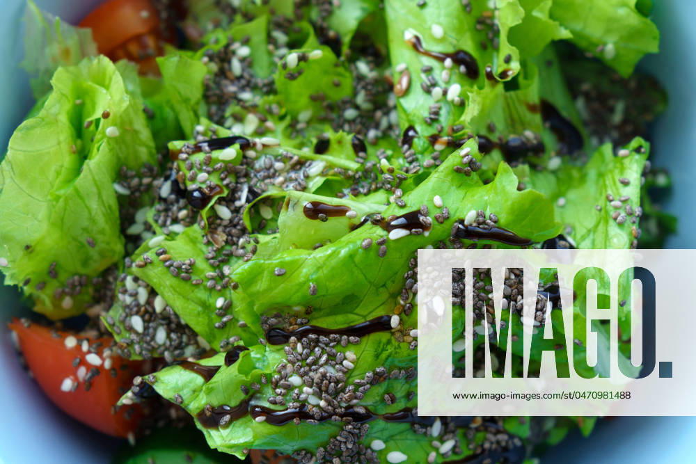 Healthy salad, chia seeds, lettuce leaves, olive oil, tomatoes, balsamic sauce Salad with chia seeds, close-up. Vegan food. Super food. Keto diet. Super salad.