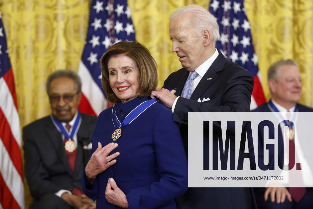 United States President Joe Biden presents former Speaker of the US House of Representatives Nancy Pelosi (Democrat of California) with the Presidential Medal of Freedom, the countrys highest civilian honor, during a ceremony in the East Room of the White House in Washington, DC on Friday, May 3, 2024. Several of todays recipients are Democratic Party stalwarts, and Biden himself was awarded the honor by former President Barack Obama in the final days of their administration in 2017 Washington USA - ZUMAs152 20240503_faa_s152_026