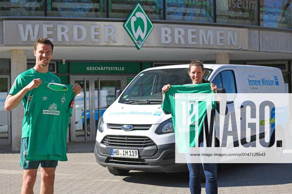 STAYATHOME TRIKOT WILL DONATE 20 000 EURO FOR INSIDE MISSION 09 04 2020, training grounds at wohninvest WESERSTADION,, Bremen, STAYATHOME TRIKOT WILL DONATE 20 000 EURO FOR INSIDE MISSION, The STAYATHOMETRIKOT is the bestseller in Werders online shop Die Grün Weißen and their main sponsor WIESENHOF have the special jersey with the message that saves lives, One of the big winners of the campaign is the Verein für Innere Mission in Bremen. Werder Bremen donates five euros from every jersey donated to the association, which cares for people in emergency situations. After only a few days, the run provides the first 20,000 euros donation to the association. nordphotoxWerder nph00001