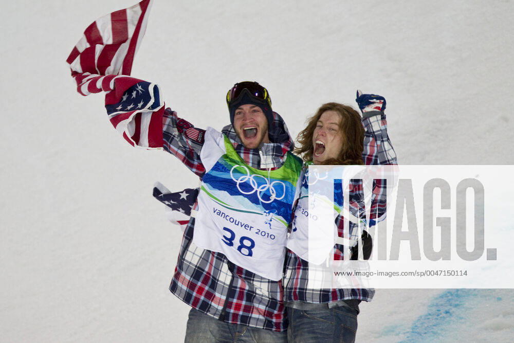 Olympics Vancouver 2010 Shawn White (USA), wins the gold and embraces teammate and bronze medalist Scott Lago (USA) after the Men s Snowboard Halfpie event at the 2010 Olympic Winter games, Winterspiele,Spiele, Summer games Vancouver, British Columbia Vancouver British Columbia Canada