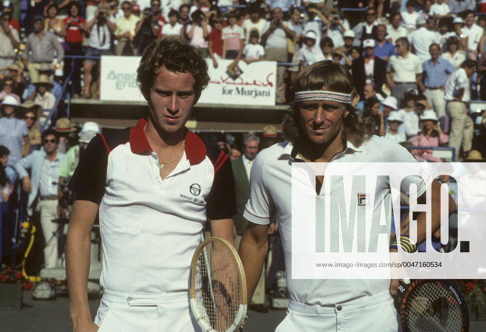 Tennis John McEnroe (USA) winner and Bjorn Borg before their finals match at the 1981 US Open Tennis Championships New York Flushing Meadows NY USA