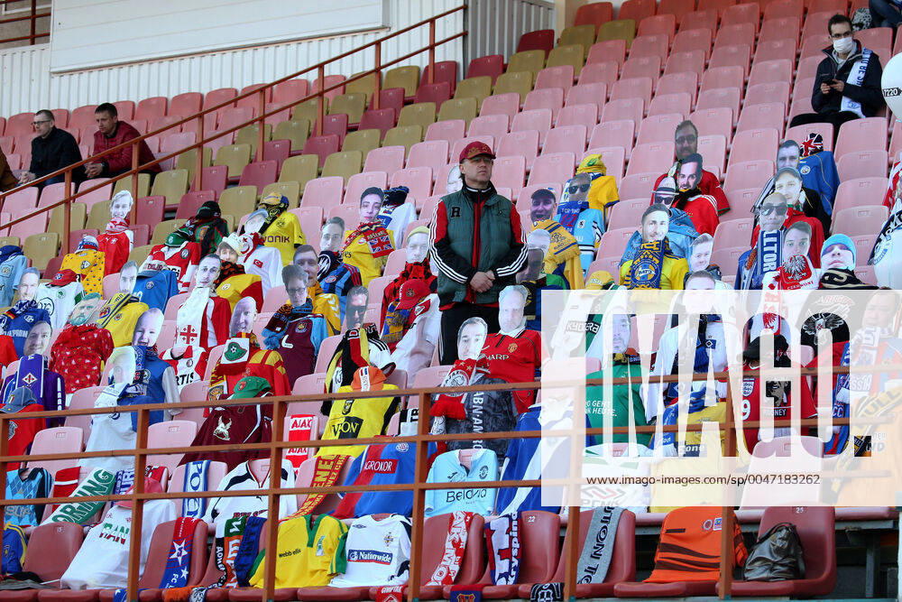 KW15 BREST, BELARUS - APRIL 12, 2020: Football fans and dummies with face cutouts on an empty stand during a 2020 Belarusian Premier League Round 4 football match between Dinamo Brest and Isloch Minsk District at Brestsky Stadium. The Football Federation of Belarus has decided not to postpone the national football championship in connection with the pandemic of the novel coronavirus, with the 30th season of the Belarusian Premier League starting as scheduled on 19 March 2020. Natalia Fedosenko TASS TS0D57AE