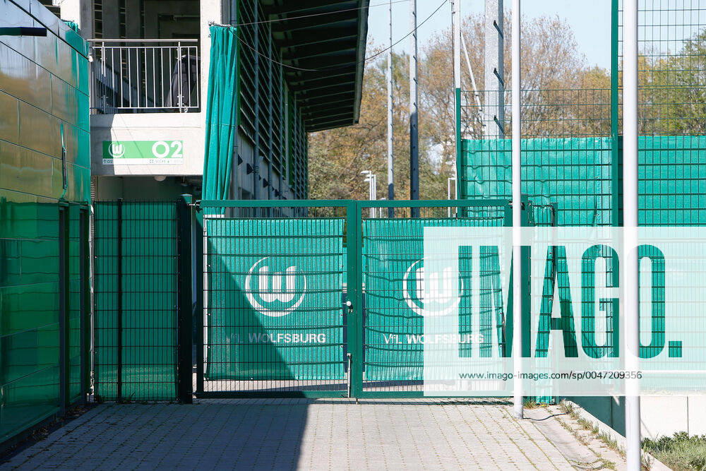 Consequences of the Corona Virus in Wolfsburg, VfL Wolfsburg club logo on the training ground The club prepares for the continuation of the Bundesliga season with non-public training sessions