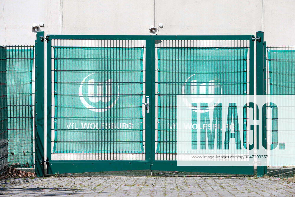 Consequences of the Corona Virus in Wolfsburg, VfL Wolfsburg club logo on the training ground The club prepares for the continuation of the Bundesliga season with non-public training sessions