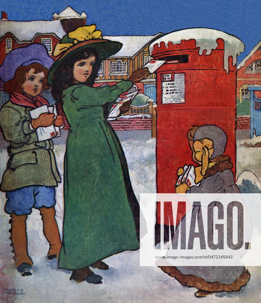 Children posting their Christmas cards Posting letters at Xmas - illustration by Charles Robinson. Date: circa 1910
