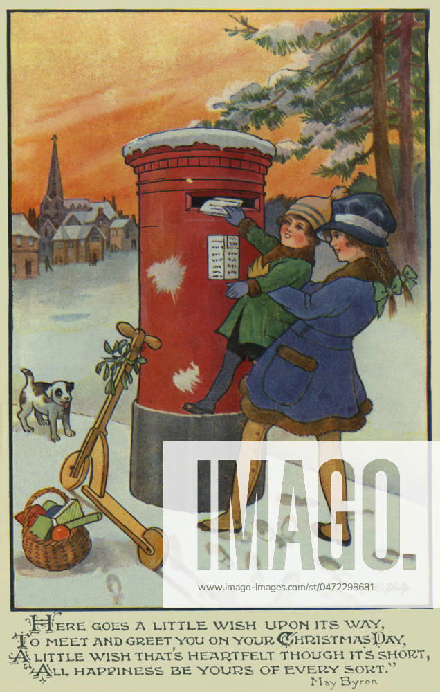 Xmas. Posting cards Here goes a little wish upon it s way? Postcard illustration of children posting letters. Series 5078. Artist: Alfred Edward Philp Date: circa 1910