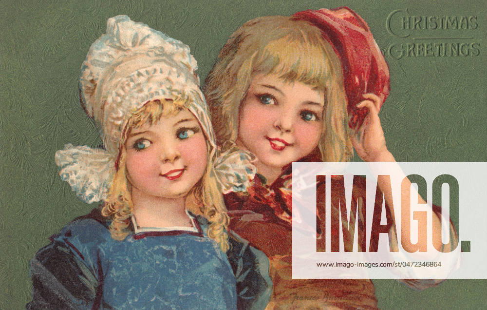 Dutch children on a Christmas card Illustration of a happy girl and boy dressed in traditional Dutch costume on a Christmas card. Date: 1910