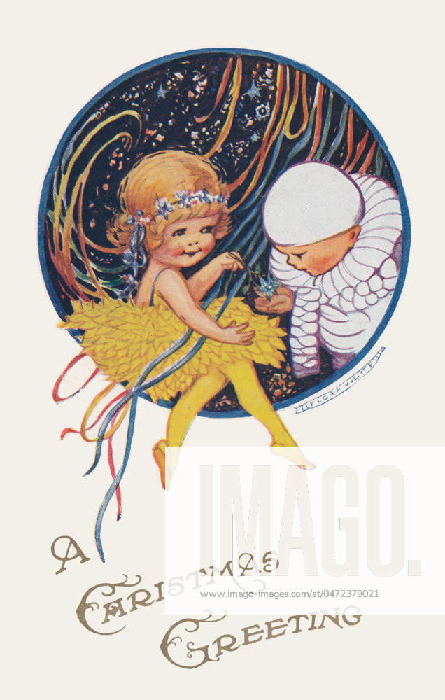 Pierrot and Columbine on a Christmas card Pierrot and Columbine on a Christmas card. Artist: Flora White Date: circa 1910