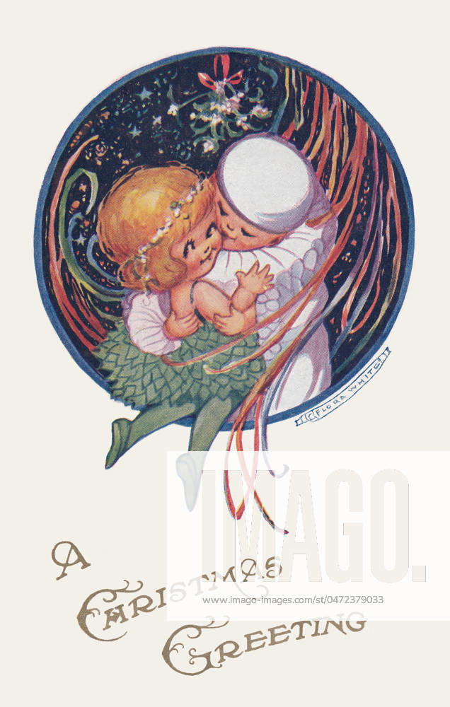 Pierrot and Columbine on a Christmas card Pierrot and Columbine on a Christmas card. Artist: Flora White Date: circa 1910