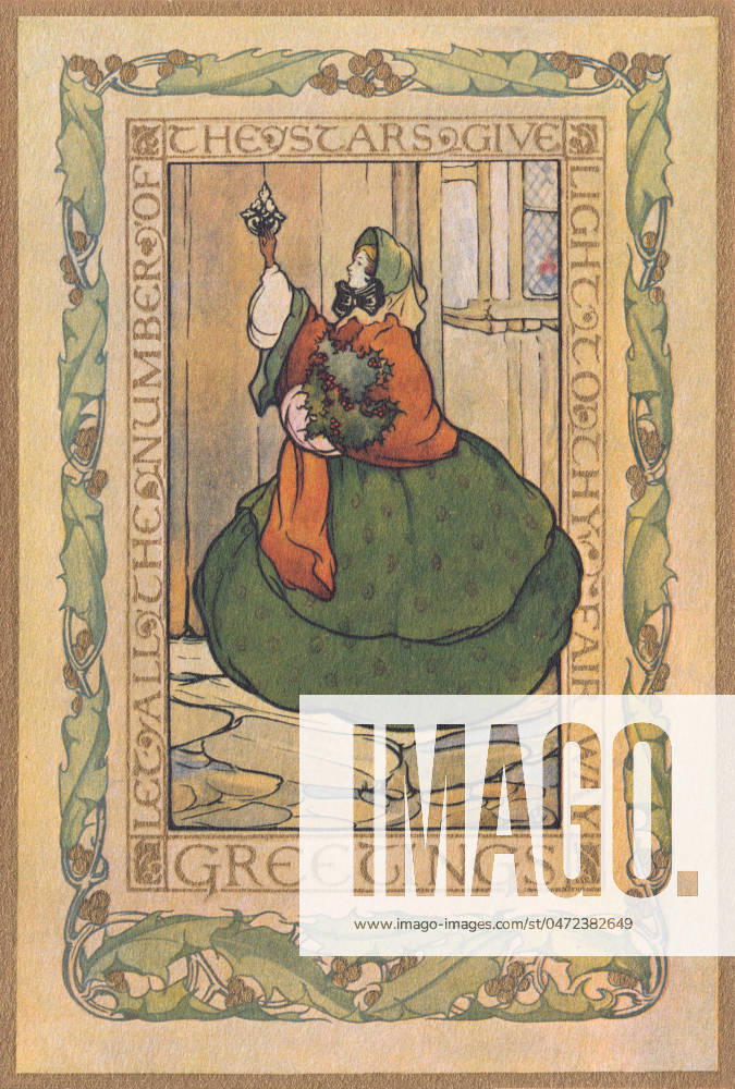 Christmas card Lady in a crinoline dress and bonnet with a bunch of holly, knocking on the front door of a friend. Artist: Alan Wright . Date: circa 1910