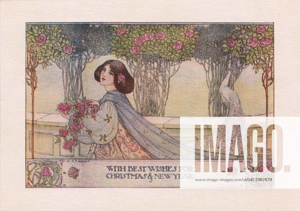 Christmas and New Year card A romantic medieval lady with a bunch of roses from her garden. Artist: Anne Anderson. Date: circa 1910