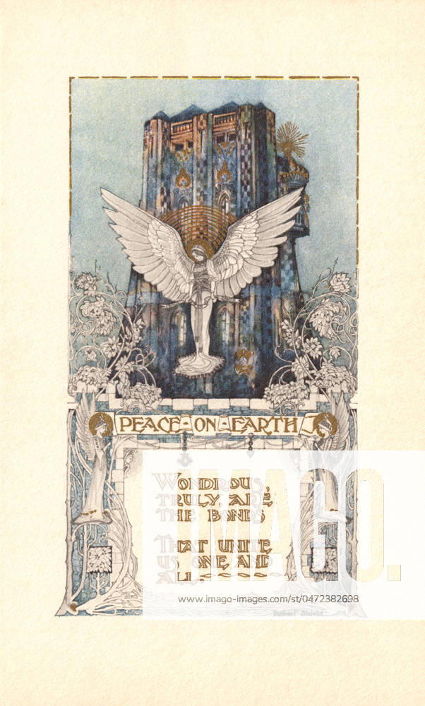 Christmas card A decorative art nouveau style design depicting an angel in front of a towering temple, radiating the message Peace on Earth. Artist: Robert Shield Date: circa 1910