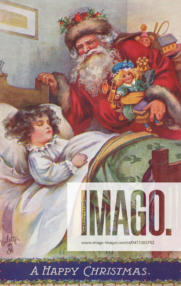 Santa brings gifts to sleeping girl Santa bringing gifts to the bedside while a young girl sleeps. Artist: Ada Leonora Bowley. Date: circa 1910