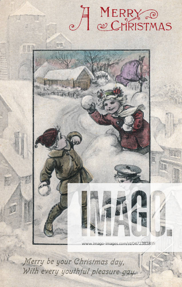 Children snowballing on a Christmas card Happy children snowballing. Artist: Ada Leonora Bowley. Date: circa 1910
