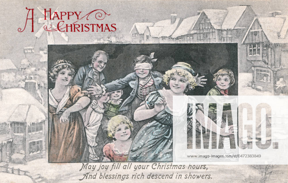 Blind Man s Buff on a Christmas card Happy children playing Blind Man s Buff at Christmas. Artist: Ada Leonora Bowley. Date: circa 1910