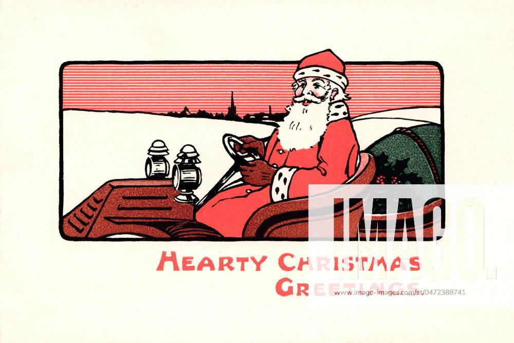 Santa Claus on a Christmas card Santa Claus with his sack of gifts driving an open-top car. Artist: Anon Date: circa 1910