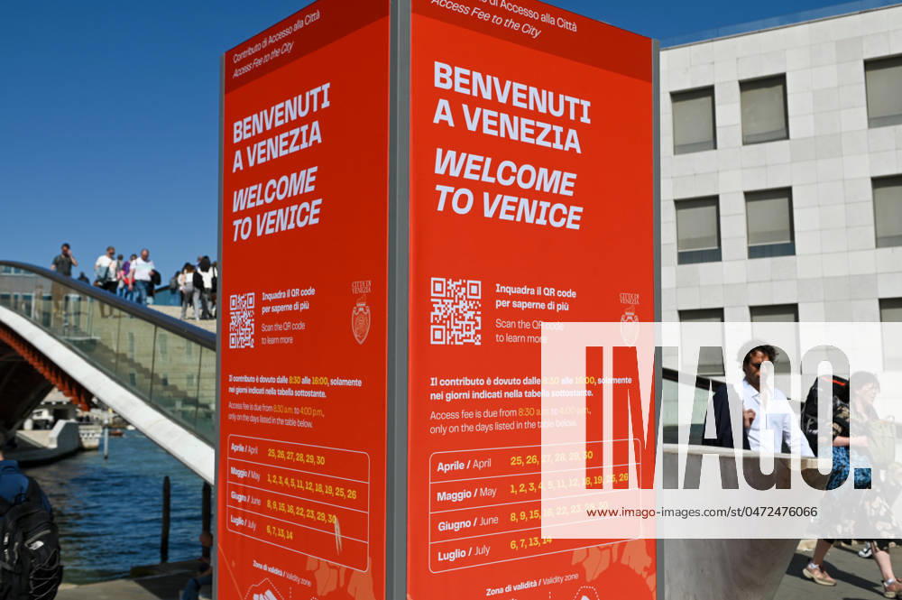 In the photo A stele informs visitors to the Italian city of Venice about an entrance fee for day visitors Five euros had to be paid by every visitor who wanted to visit the lagoon city The fee applied continuously from April 25 to May 5 From the weekend onwards, visitors will have to pay admission on practically every