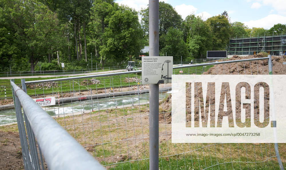 Construction site Eiskanal the area will be closed to passers-by for almost two years due to the reconstruction of the track for the canoe slalom WM 2022 Separation, fencing of the stele for the Olympic fire 1972