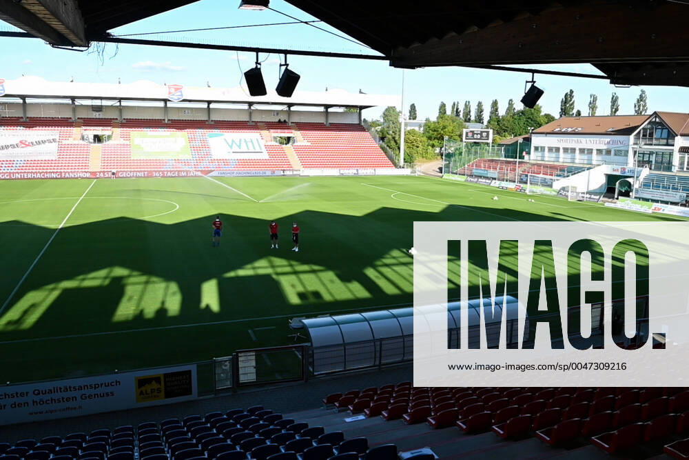 View from the stands to the pitch, ghost game, soccer game without spectators during the corona crisis, 02 06 2020, Unterhaching Germany , Football, 3 Liga, SpVgg Unterhaching FC Ingolstadt 04, DFB DFL REGULATIONS PROHIBIT ANY USE OF PHOTOGRAPHS AS IMAGE SEQUENCES AND OR QUASI VIDEO