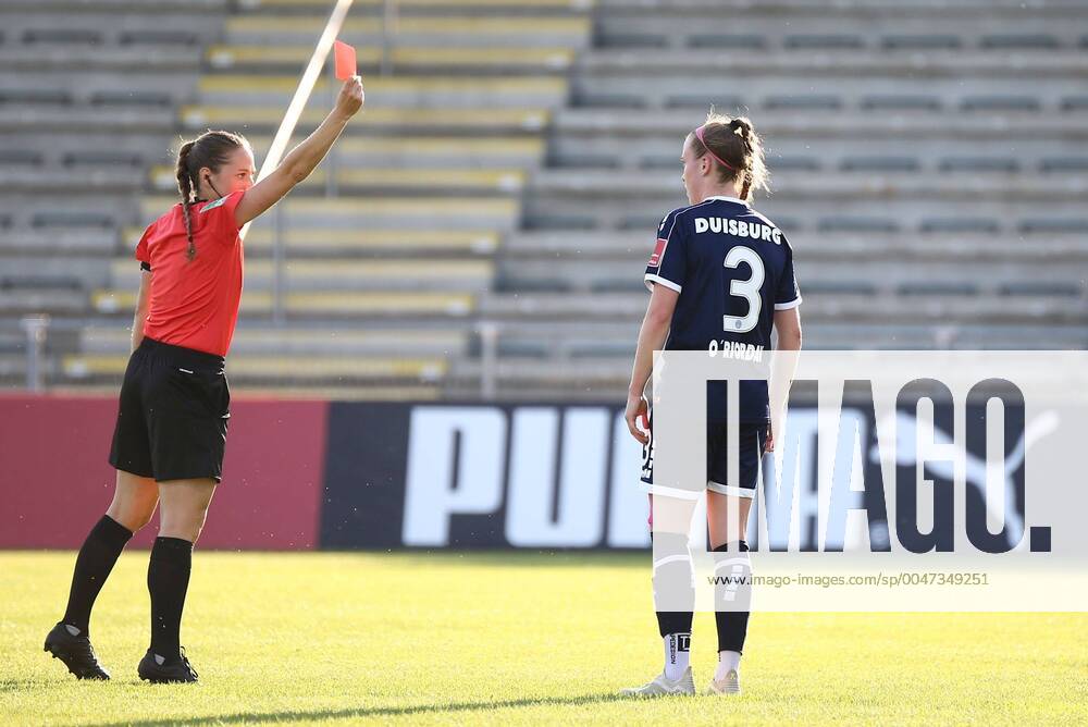GER, Frankfurt am Main, Stadion am Brentanobad, Frauenfussball, 1 Bundesliga, DIE LIGA, FLYERALARM Frauen Bundesliga Saison 2019 2020 1 FFC Frankfurt MSV Duisburg Claire O Riordan MSV sees the red card DFL regulations prohibit any use of photographs as image sequences and or quasi video