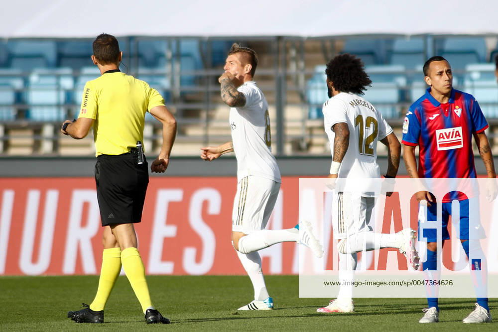 Toni Kroos of Real Madrid celebrates a goal during the spanish league, LaLiga, football match played between Real Madrid and SD Eibar at Alfredo Di Stefano Stadium at Ciudad Deportiva Real Madrid in the restart of the Primera Division tournament after to the coronavirus COVID19 pandemic on June 14, 2020 in Valdebebas, Madrid, Spain. Valdebebas SPAIN - ZUMAa181 20200614_zaa_a181_054
