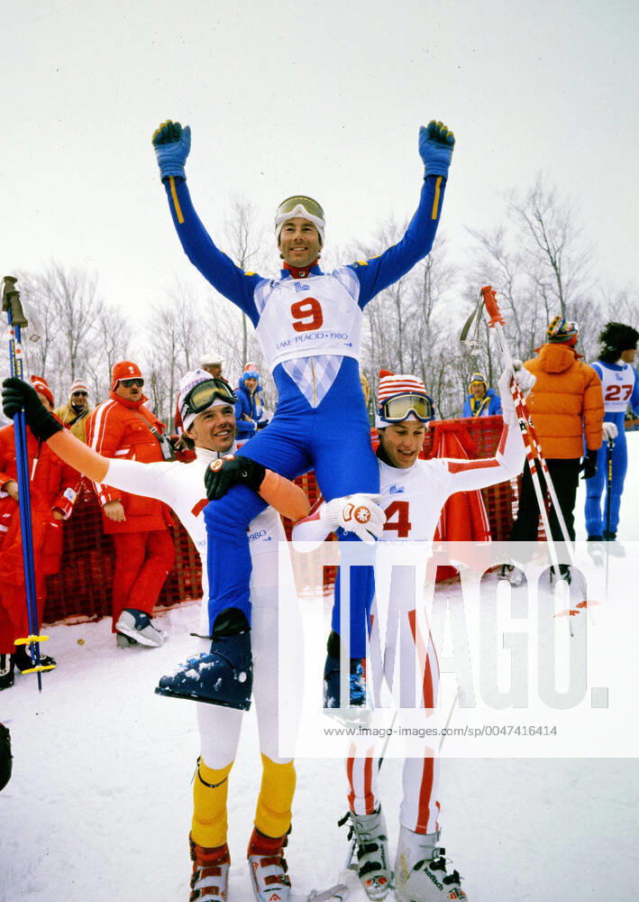 Slalom Mens Olymic Games 1980 in Lake Placid Ingemar Stenmark wins his second gold medal in Lake Placid at the 1980 Olympics, Andreas Wenzel and Hans Enn lift him onto their shoulders Lake Placid New York U S A White Face Mountain