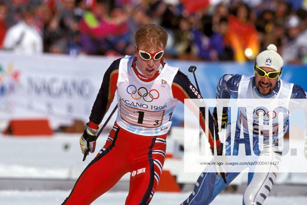 Björn Dählie (Norwegen) vor Fabio Maj (Italien) Nordischer Skilauf OS Winter Herren Olympische Winterspiele 1998, Olympia, Olympiade, Spiele, Ski Nordisch, nordischer Skisport Gruppe Snow Harp Nagano, Hakuba