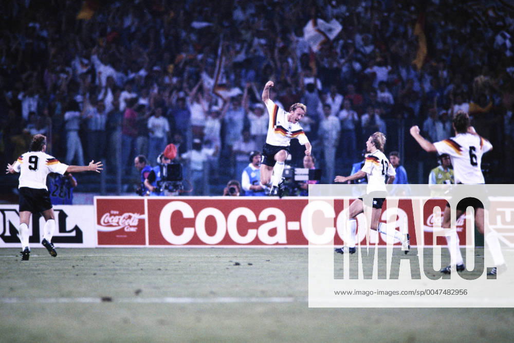 BREHME Andreas Team Germany cheers after the 11m for Germany with KLINSMANN Juergen Team Germany World Champion FIFA World Cup 1990 in Italy Final Germany Argentina 1 0 on 08 07 1990 in Rome