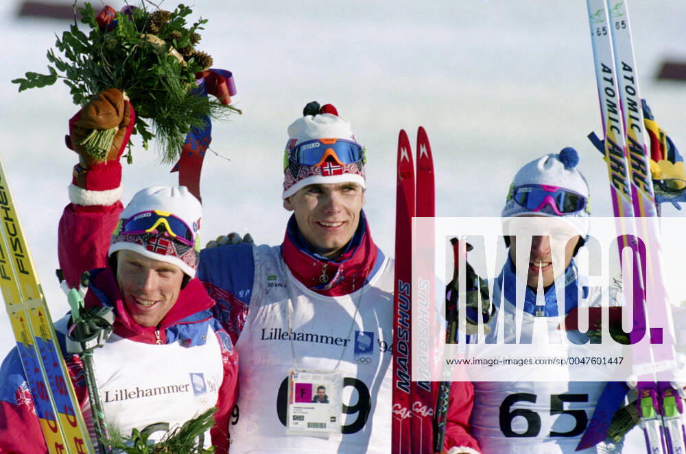 OLYMPIC LEGENDS: Thomas Alsgaard 940214 Winter Olympics 1994, Cross country skiing: Gold medalist Thomas Alsgaard of Norway is flanked by silver medalist Bjorn Daehlie of Norway (L) and bronze medalist Mika Myllyla of Finland after 30 km freestyle at The Winter Olympic Games, Olympische Spiele, Olympia, OS on February 14, 1994 in Lillehammer, Norway. BILDBYRAN