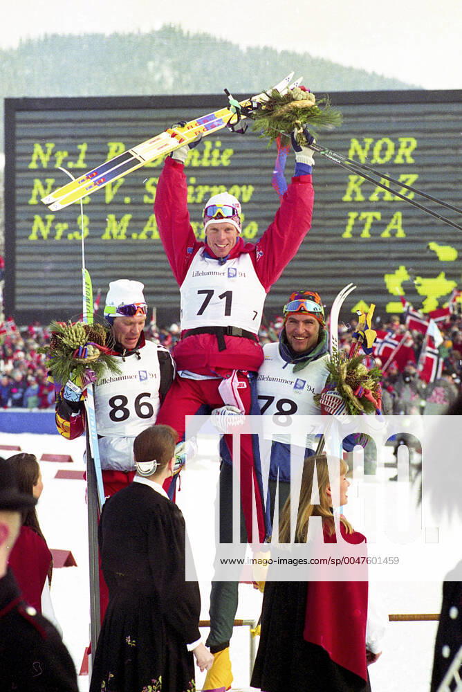 Winter Olympics 1994, Cross country skiing: Gold medalist Bjorn Daehlie of Norway is flanked by bronze medalist Marco Albarello of Italy (R) and silver medalist Vladimir Smirnov of Kazakhstan after 10 km classical at The Winter Olympic Games, Olympische Spiele, Olympia, OS on February 17, 1994 in Lillehammer, Norway. BILDBYRAN